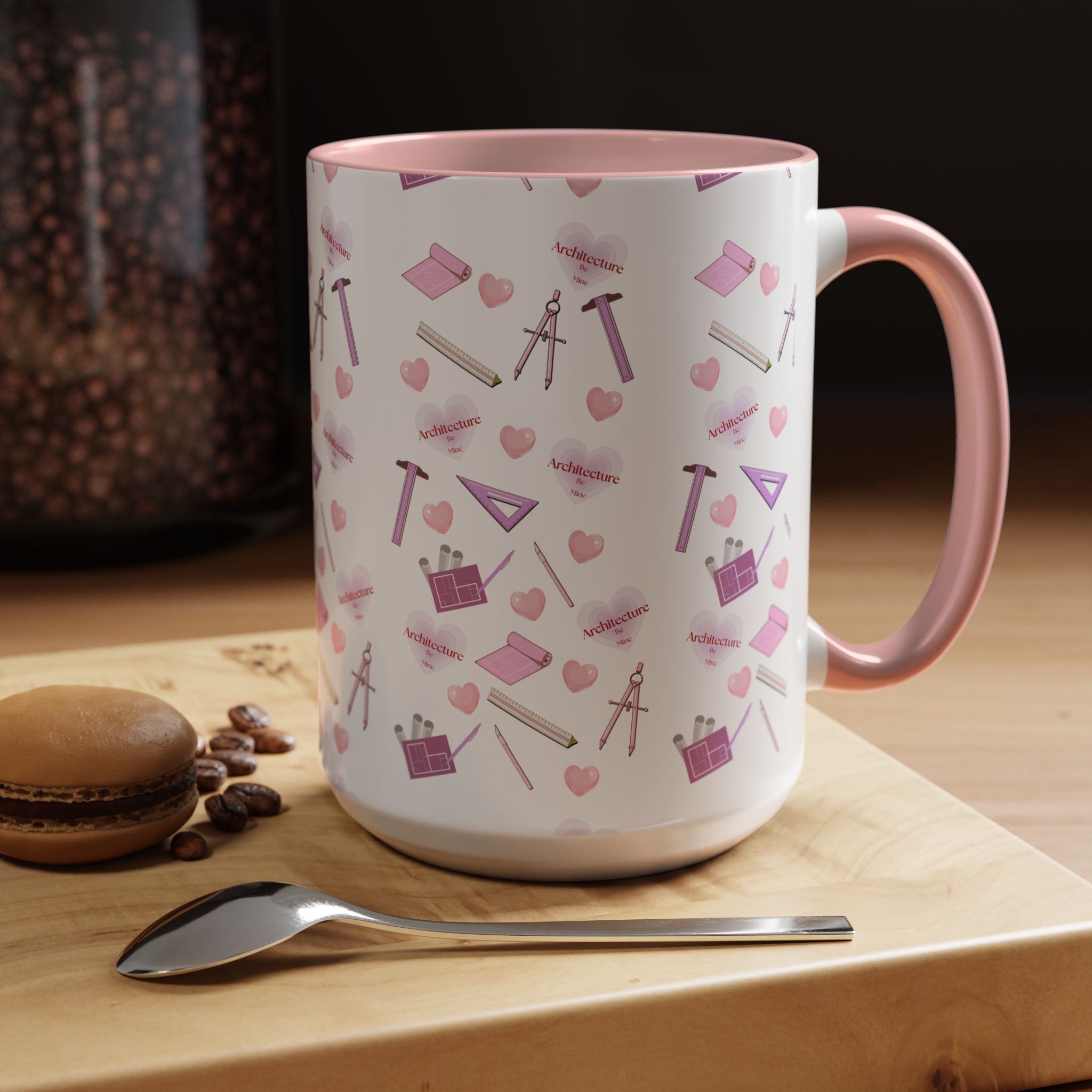 Pink Architect Tools Accent Coffee Mug — Cute CAD & Drafting Pattern for Architects, Designers, Gifts for Students